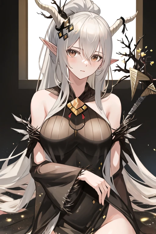 best quality, masterpiece, highres, solo, {shining_arknights:1.15}, horns, long_hair, bangs, hair_between_eyes, pointy_ears, breasts, white_hair, upper_body, large_breasts, ponytail, very_long_hair, brown_eyes, 1girl, bare_shoulders, black_dress, horn_ornament, dress, official_alternate_costume, closed_mouth, looking_at_viewer, horn_ribbon, ribbon, black_ribbon
