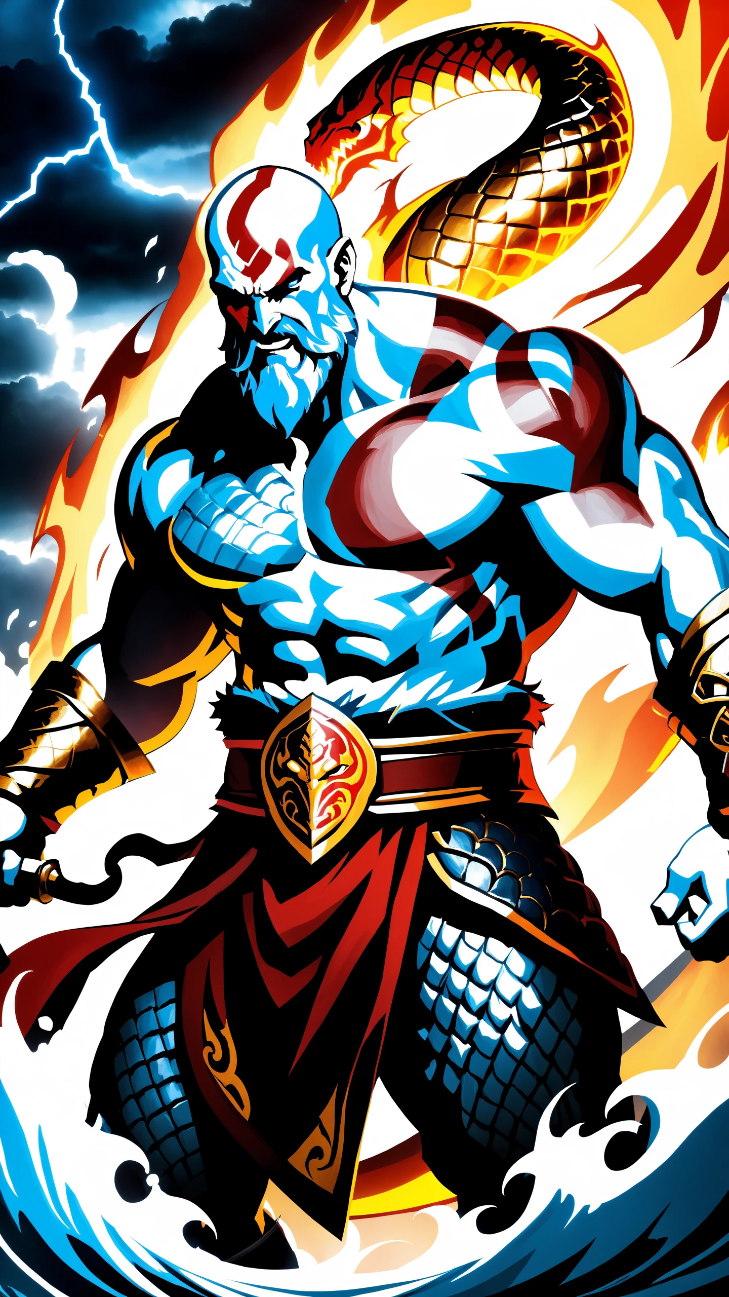 Anime, Kratos, the Ghost of Sparta, with his skin marked by his past, stands defiantly atop the mighty World Serpent, engaging in a fierce confrontation against formidable Norse deities, The surrounding waters churn with a violent fury, and the skies above are set alight with thunder and lightning, echoing the raw power and rage of the god-slayer, realistic, photorealistic