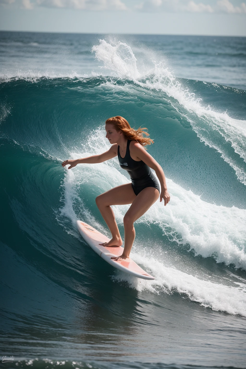RAW photo, DSLR BREAK slender redhead (surfer girl:1.2) dynamic pose, water, surfboard BREAK
detailed, sunrays, sunlight, cinematic lighting, professional colorgraded