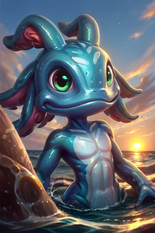 (((masterpiece, best quality))), digital painting, close-up of fizz_lol, upper body, face, sunset, swimming at beach, (tentacle hair:0.8),   <lora:m99_bellybuttonremover_1:0.5> <lora:Fizz_lol:0.7>