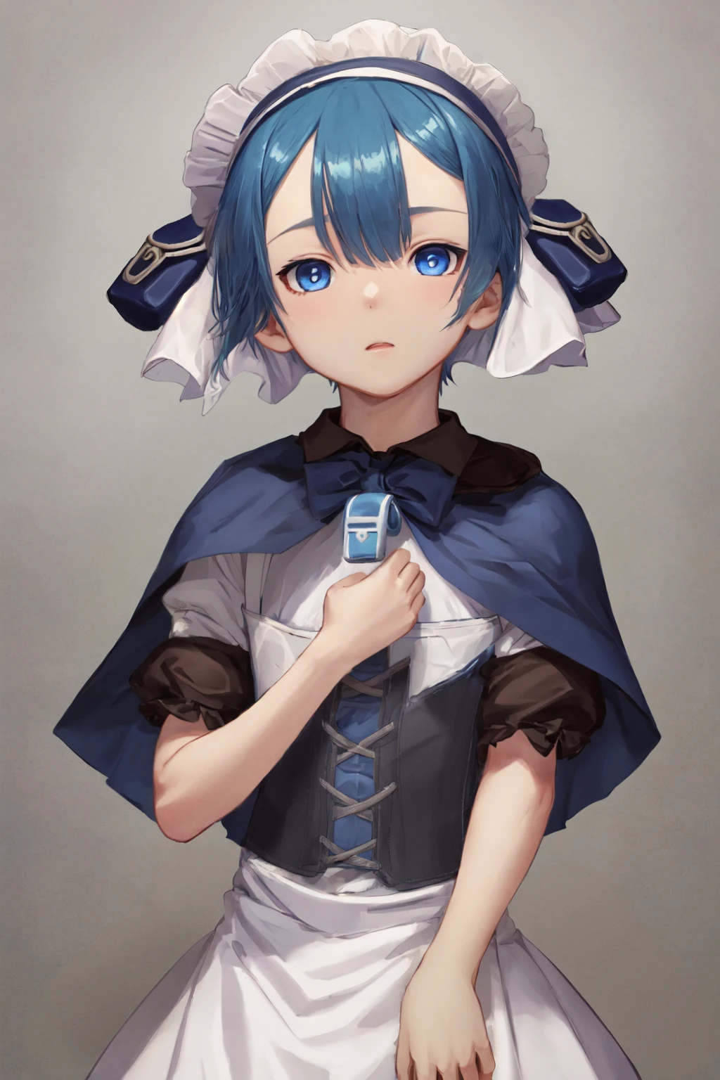 1boy, upper body, blue hair, otoko no ko, maid headdress, capelet, short sleeves, maid, apron, corset, (pouch hat:1.3),