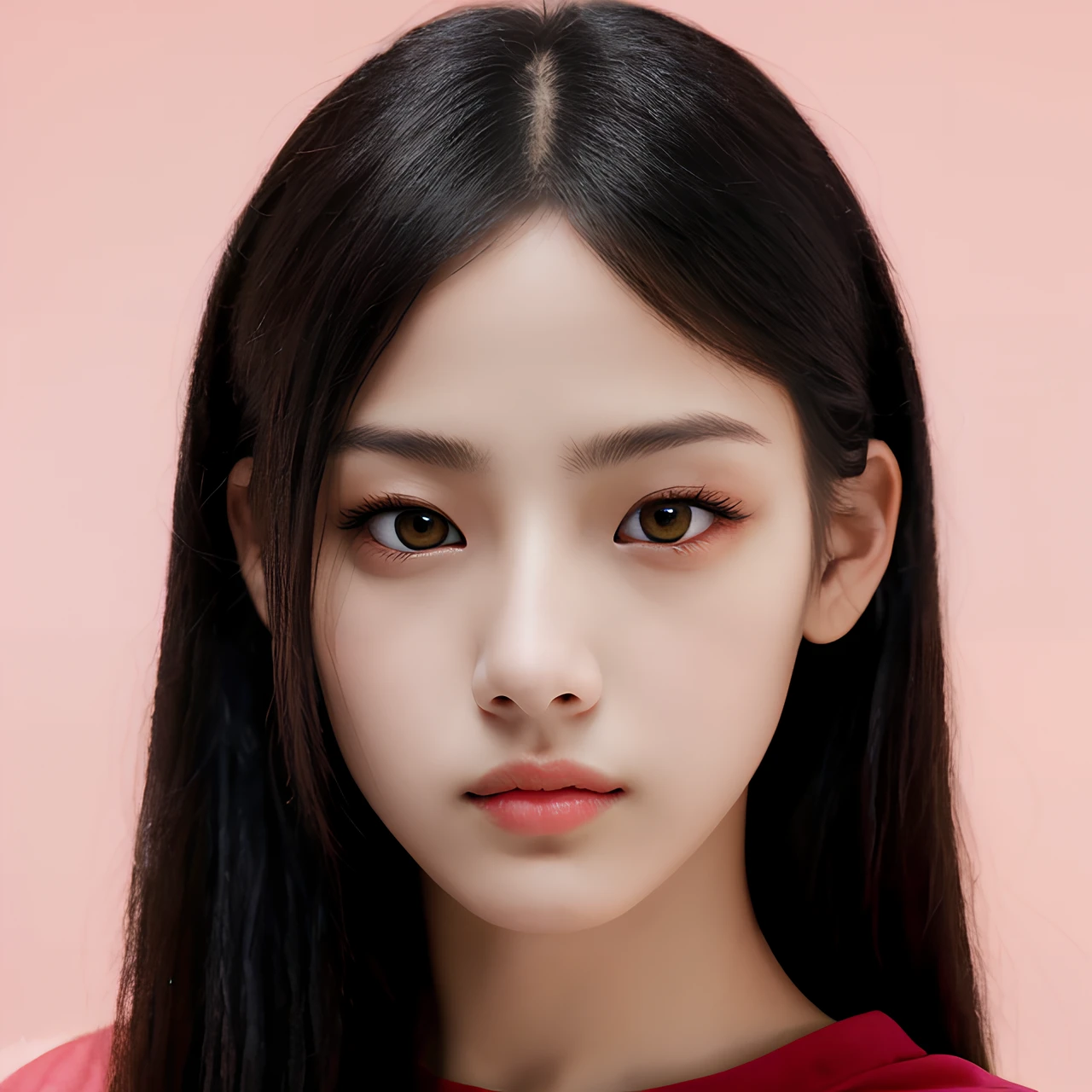 pink background, hyper realistic lifelike texture dramatic lighting unreal engine trending on art station, award winning photo, nikon RAW photo,8 k, Fujifilm XT3,masterpiece, best quality, realistic, photorealistic, ultra detailed, extremely detailed face, solo,1girl, standing, fashionable and trendy atmosphere, high-end makeup products, and a stylish expression on her face, close up, pink t-shirt, closed mouth, closed lips, looking at viewer,