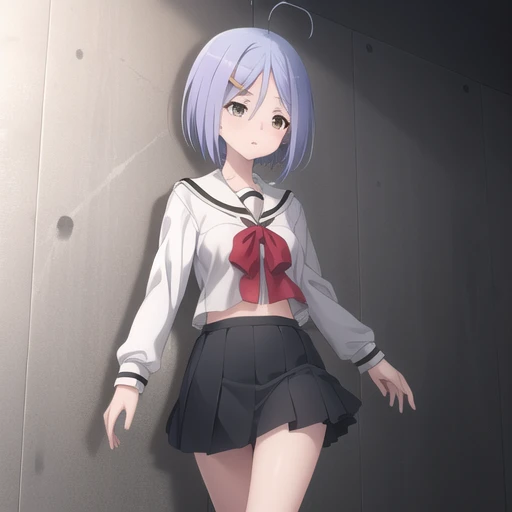 (masterpiece, best quality:1.2),illustration,8k,hd,1girl,solo,cowboy shot,school uniform,short hair,skirt,blue hair,pleated skirt,ahoge,hair ornament,loafers,white sailor collar,hairclip,serafuku,black skirt,white shirt,black socks,red bow,red bowtie,yellow eyes,long sleeves,bow,<lora:Hijiri Kasuga>,