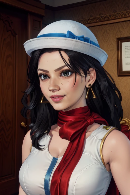RinTorai, black hair, lips,
white dress, red scarf, white hat, white gloves,
solo, upper body, smile, cleavage,
fancy gold elevator, indoors,
(insanely detailed, beautiful detailed face, masterpiece, best quality) cinematic lighting,
<lora:MissRinTorai-10:0.7>