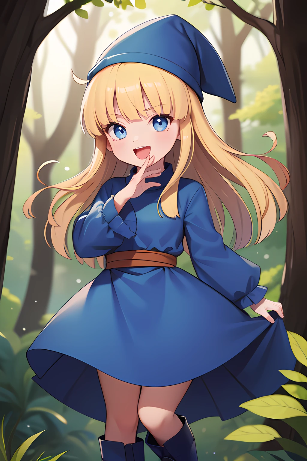 <lora:witchP123_nc:0.9>, masterpiece, higher,highly detailed, absurdres, witchP123,1girl, solo, blonde hair, long hair, blue eyes, blue boots, blue dress, long sleeves,hat,in forest, <lora:OjouSamaRight:1>,ojou-sama pose,smile,open mouth,
