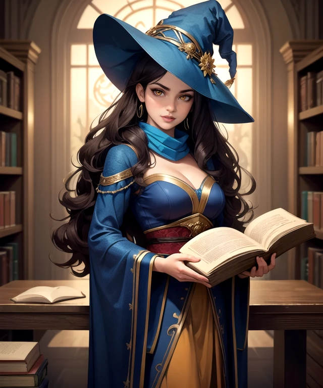 woman, orange eyes, (cute cheerful facial expression, beautiful wide smile), (long dark brown flowing wavy hair), (intricate blue long-sleeved enchantress outfit), scarf, (big intricate blue witch hat), (standing, holding a grimoire), (warm volumetric lighting), looking at viewer, (medium shot photograph), (vibrant magic library background), realistic