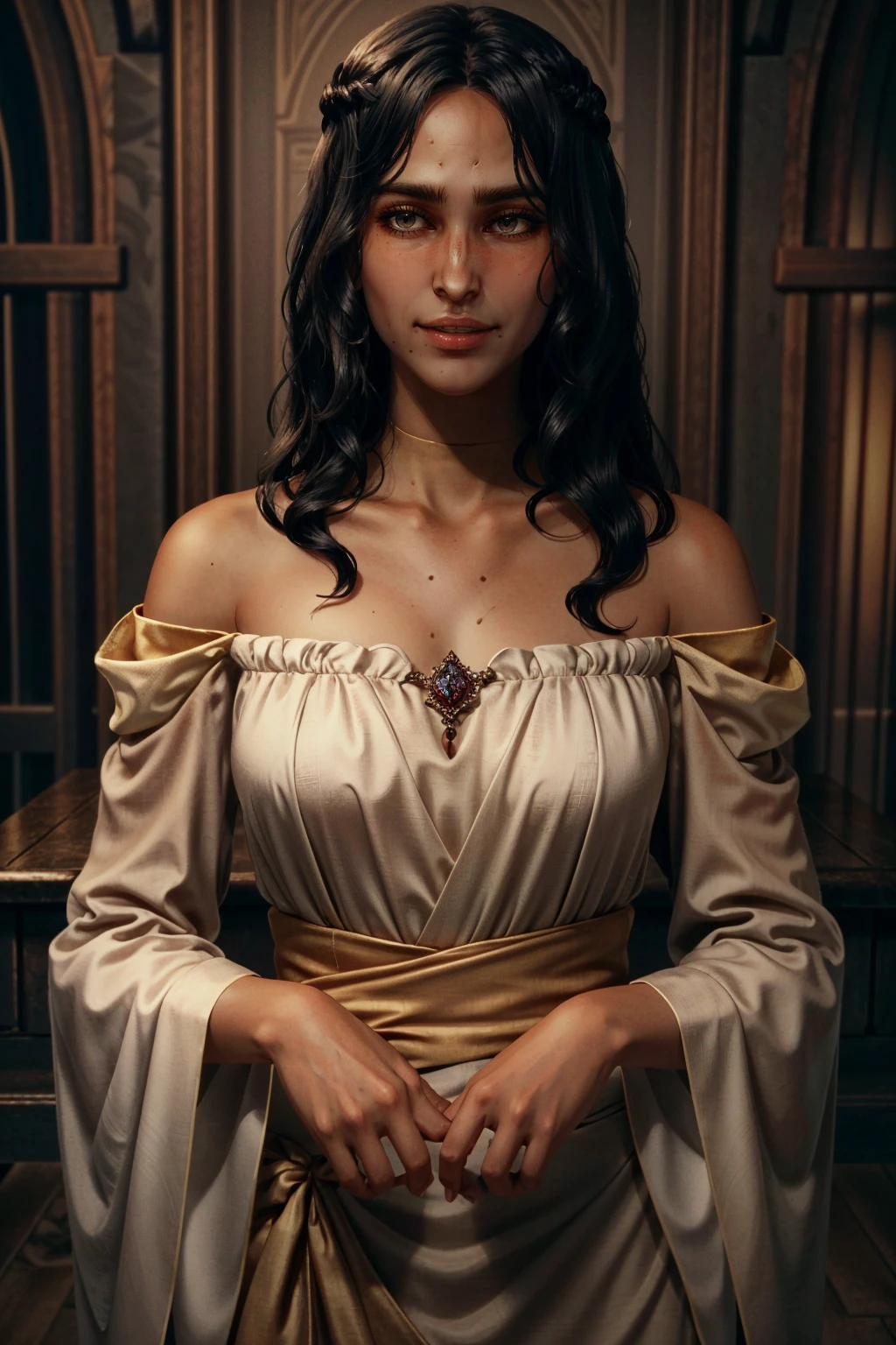 (masterpiece, best quality)
JosephineDA, 1girl, solo, long hair, smile, black hair, long sleeves, dress, bare shoulders, collarbone, upper body, dark skin, wide sleeves, off shoulder, white dress, dark-skinned female, lips, looking to the side, wavy hair, facial mark, looking away, green background, realistic
<lora:epi_noiseoffset2:1> <lora:add_detail:0.7> <lora:JosephineDA:1>