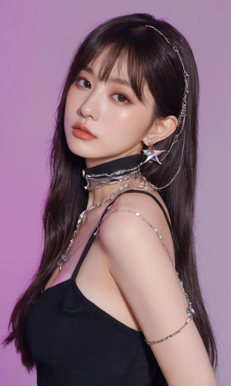 xxmixgirl,woman in a black dress posing for a picture, “uwu the prismatic person, kpop style colors, shot at night with studio lights, neck chains, inspired by Wang Yuanqi, brown hair with bangs, 1:1 album artwork, streaming on twitch, plastic doll, lisa, glamorous angewoman digimon