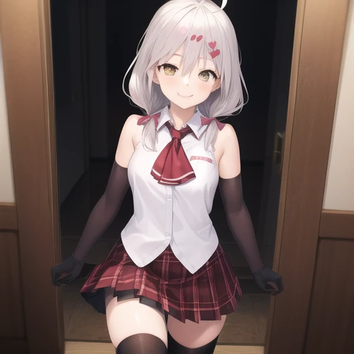 (masterpiece, best quality:1.2),illustration,8k,hd,1girl,solo,cowboy shot,medium breasts,short hair,symbol-shaped pupils,bow,hair bow,hair ornament,skirt,white hair,smile,black thighhighs,plaid skirt,sleeveless shirt,white shirt,ahoge,bare shoulders,hairclip,ascot,detached sleeves,low ponytail,loafers,black gloves,yellow eyes,elbow gloves,plaid,pleated skirt,hair ornament,heart hair ornament,seifuku,twintails,zettai ryouiki,<lora:Yui Kurata>,
