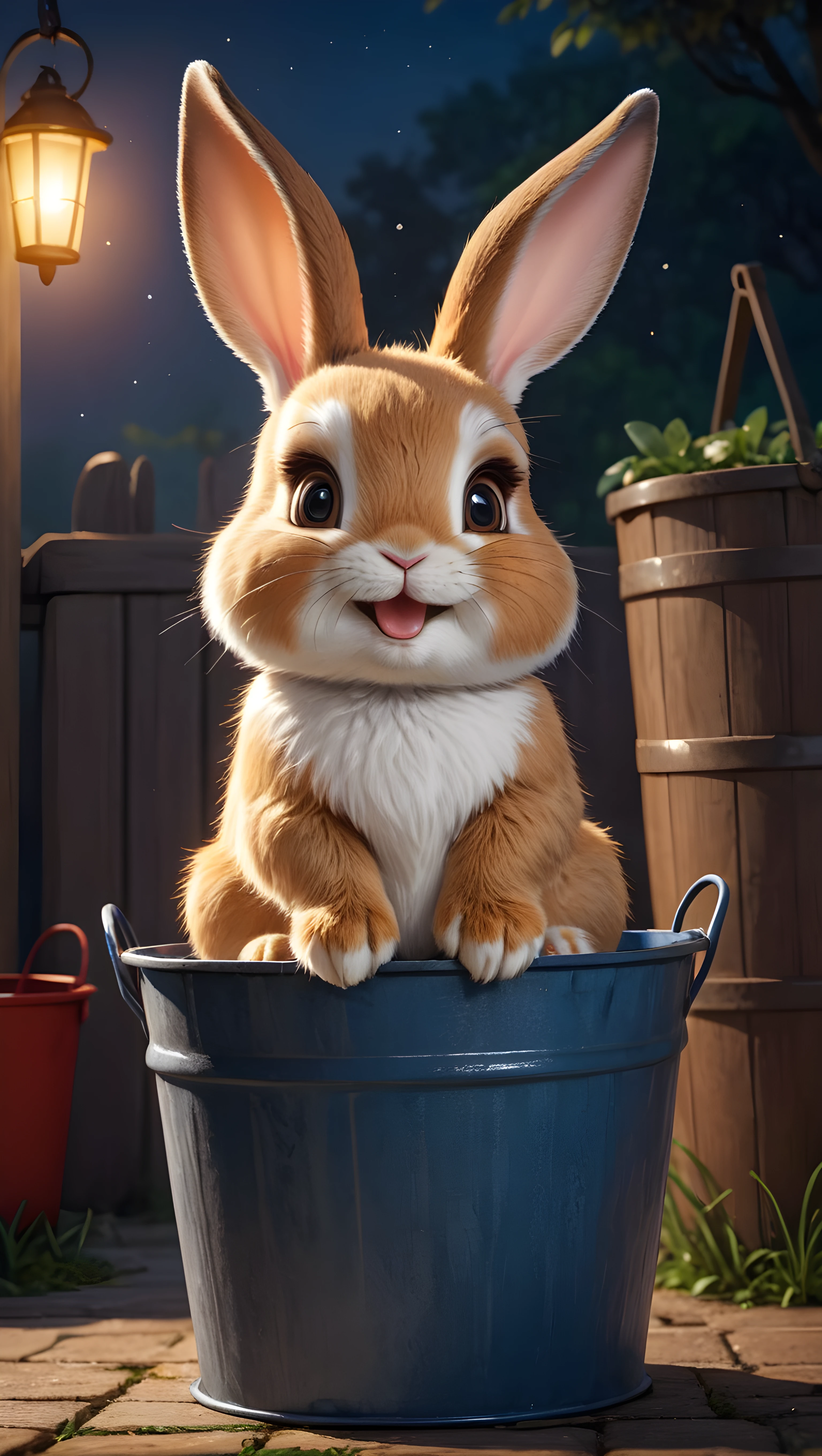 chibi, 1rabbit sitting on a bucket pondering his happy life, masterpiece, best quality, highly detailed, sharp focus, dynamic lighting, vivid colors, texture detail, particle effects, storytelling elements, narrative flair, 16k, UE5, HDR, subject-background isolation