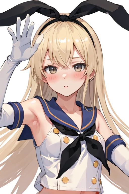 best quality, masterpiece, highres, solo, {shimakaze_kantaicollection:1.15}, long_hair, blonde_hair, hairband, blush, 1girl, blue_sailor_collar, looking_at_viewer, neckerchief, sailor_collar, simple_background, upper_body, white_background, black_neckerchief, elbow_gloves, gloves, school_uniform, serafuku, black_hairband, sleeveless, white_gloves