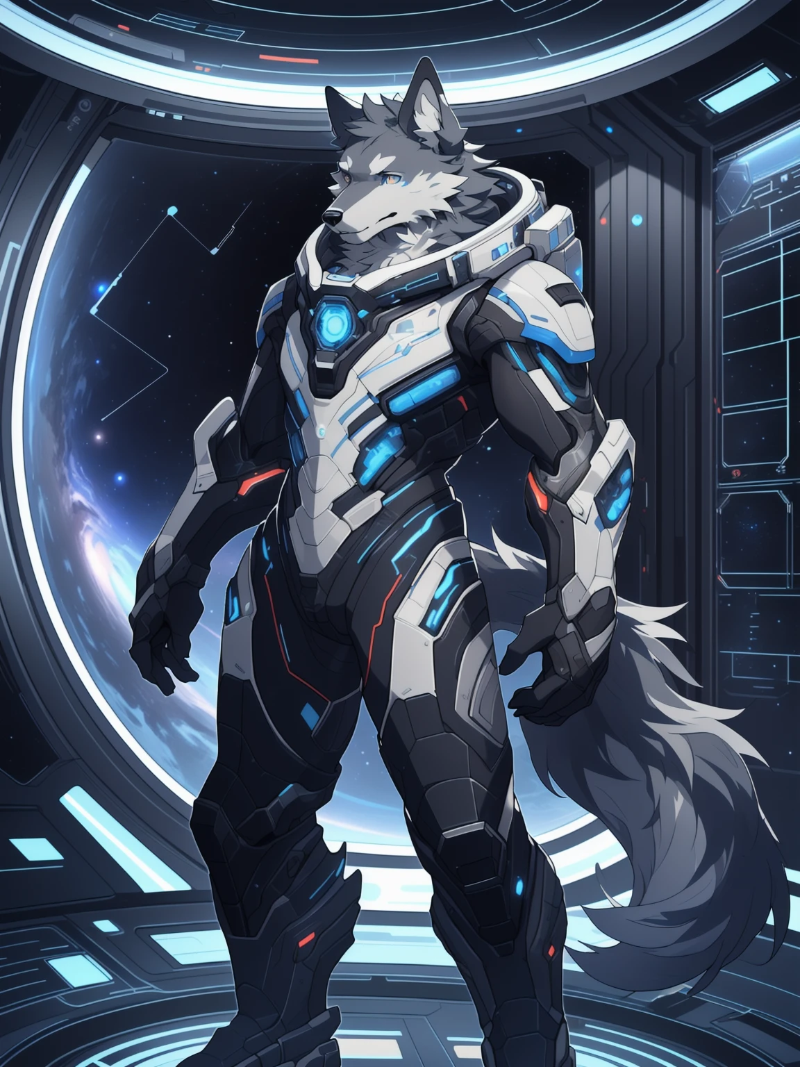 masterpiece, best quality, perfect anatomy, (detailed eyes:1.2), furry, wolf, (domestic dog:0.8), male, solo, warframe, (cables:1.1), serious face, bright eyes, floating, spacecraft, glass container, liquid, detailed background, space, starlight