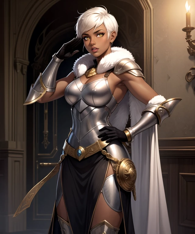 woman, (dark skin:1.3), (perfect face), defined jawline, beautiful lips, (beautiful bright yellow eyes), (short white pixie haircut:1.2), (heavy-plated armor, rugged), (heavy-plated gauntlets, fur lining), smooth armpit, (standing, one arm saluting), looking at viewer, (medium shot photograph:1.2), (fantasy castle interior background), realistic