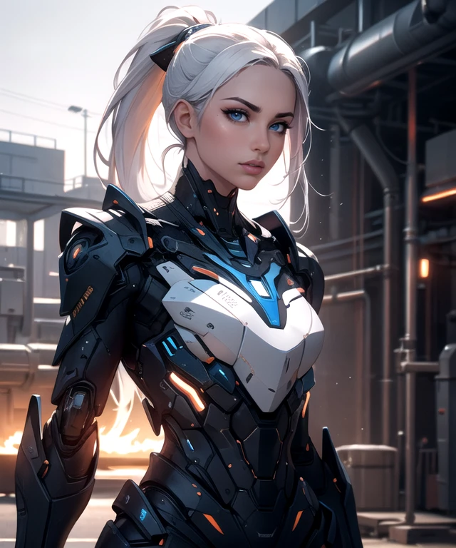woman, Asian, (perfect face), defined jawline, beautiful lips, (beautiful bright blue eyes), (white hair, ponytail), (intricate geometric robotic white body armor, orange and gunmetal accents), (looking at viewer), (medium shot photograph), (futuristic industrial factory background), <lyco:Robotaction:0.6>, realistic