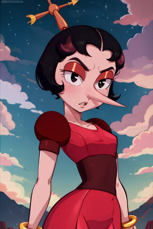 hilda, black hair, short hair, black eyes, pink skin, pointy nose,
red dress, gold bangle, head hair ornament,
standing,
nighttime, cloud,
(insanely detailed, beautiful detailed face, masterpiece, best quality)
<lora:hildaberg-10:0.8>