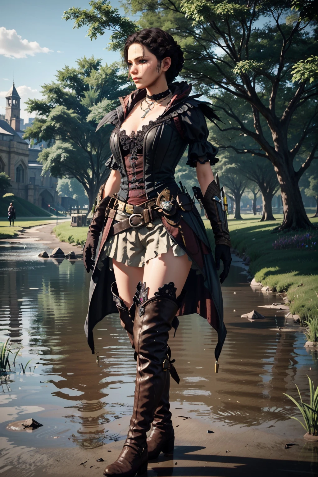 (masterpiece, best quality)
EvieFryeAssa, 1girl, solo, breasts, short hair, black hair, thighhighs, gloves, cleavage, jewelry, standing, full body, boots, outdoors, belt, water, necklace, tree, thigh boots, grass, gauntlets, realistic, watercraft
<lora:epi_noiseoffset2:1> <lora:add_detail:0.7> <lora:EvieFryeAssa:0.8>