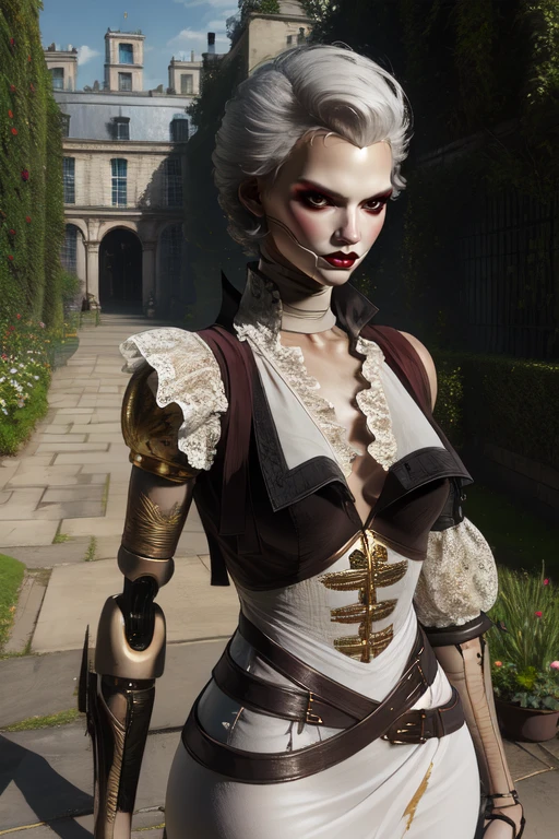 aegis, mechanical limbs, short white hair, makeup,
white dress, gold trim,  tight, torn clothes,  serious,  
solo,upper body,  standing, looking at viewer, 
paris, garden maze, 
(insanely detailed, masterpiece, best quality)
 <lora:aegis:0.8> realistic,