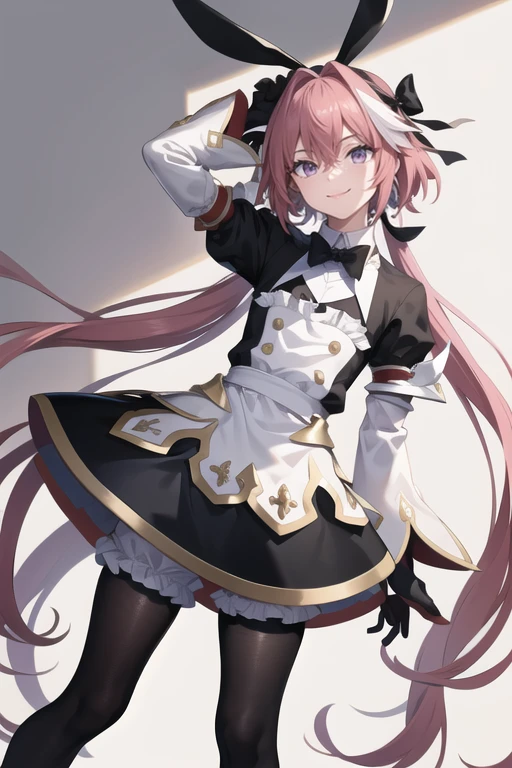 (masterpiece, highest quality, 8k, 16k, high quality, best quality:1.3, absurdres, highres),
(masterpiece, best quality:1.2), solo, male focus, 1boy, astolfost3, smile, looking at viewer, hair bow, hair ribbon, black dress, buttons, wing collar, black bowtie, long sleeves, juliet sleeves, black gloves, pantyhose, thick thighs, <lora:fate_astolfosaber_stage3:1.0>
 <lora:GoodHands-vanilla:1>