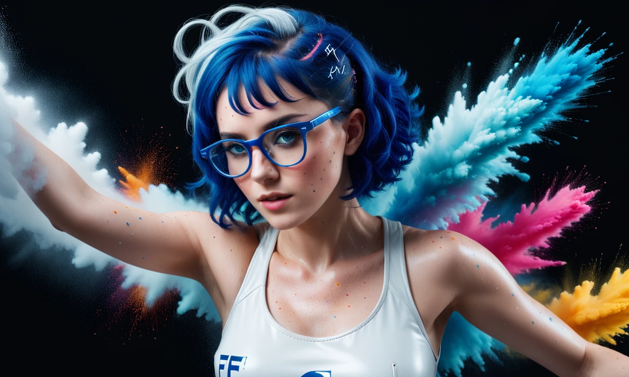 Retro game art <lora:FF.74.copaxTimelessxlSDXL1_v5.lora:0.69> photo of beautiful woman, blue hair and blue glasses, freckles, beautiful, Letters FF on her skin, 3d FF logo, dslr, 8k, 4k, ultrarealistic, realistic, natural skin, textured rubber latex skin, portrait of mad lady scientist, fine art fashion photography, avant garde supermodel, weird stylish avant garde epic, fashion photography, award winning fashion photo, editorial fashion photography, white cyborg fashion shotball with colored powder flying around it on a black background, soccer ball, colourful explosion, colorful explosion, color dispersion, colour splash, full colors hd, explosion of colors, colorful octane render, colorful hd picure, soccer, colourfull, an explosion of colors, colorful 4k, colorful picture, color explosion, explosive colors, color splash, a close up of a rock with a waterfall in the middle, 4k highly detailed digital art, 3d digital art 4k, 3d render beeple, artgem and beeple masterpiece, glowing crystal cave, 4k detailed digital art, beeple colors, beeple and mike winkelmann, beautiful art uhd 4 k, <lora:FF.73.dreamshaperXL10_alpha2Xl10.lora:0.69>,(by Artist Ross Tran:1.3),(Nu Goth Art:1.3),(Warm Colors:1.3) . 16-bit, vibrant colors, pixelated, nostalgic, charming, fun