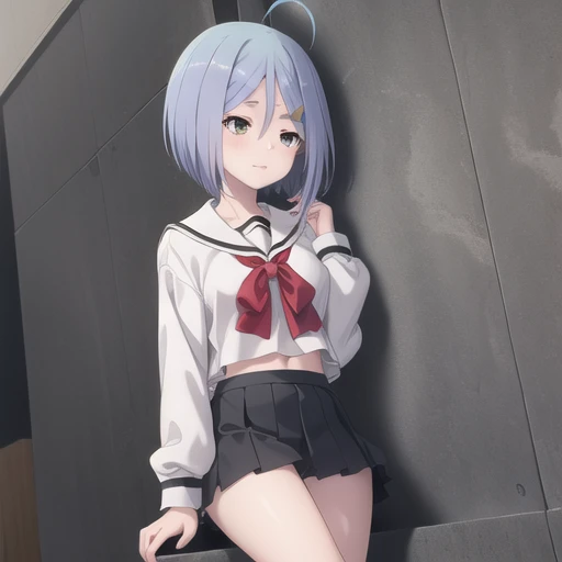 (masutepiece, Best Quality, Ultra-detailed, 8K, Wallpaper, Photorealistic), ((Perfect hands)), ((Perfect Anatomy)), medium cleavage,  ((charming anime girls)), ((Rei Ayanami)), ((Capturing her ethereal beauty with pale skin, Impressive thick indigo short hair)), ((Eta、Bright red eyes that seem to hide the abyss of mystery)), ((Junior high school uniform)), ((Sitting on the stairs of an abandoned concrete building、Put both hands behind your head.thrust your chest forward)), ((with spreading legs:1.5))、((white  panties, From below)), Kamimei