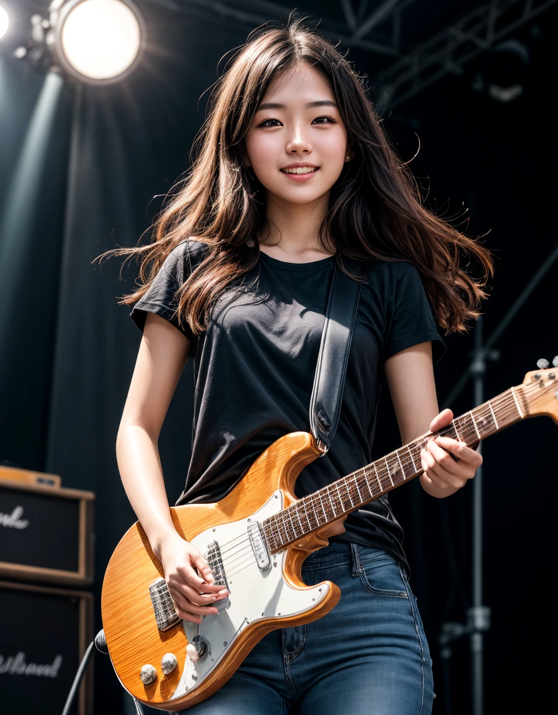 (masterpiece, best quality), (absurdres:1.3), (photorealistic:1.5), RAW photo of (18-year-old:1.4) Japanese girl, (ultra detailed, ultra realistic, hyper realistic, 8K, ultra highres:1.2), (dynamic pose:1.2), bokeh, sharp focus, long hair, young girl, slim, detailed eyes, detailed face, BREAK <lyco:more_details:0.8>, slender, slim, (dynamic pose:1.2), (cinematic composition:1.2), playing electric guitar, on stage, smile