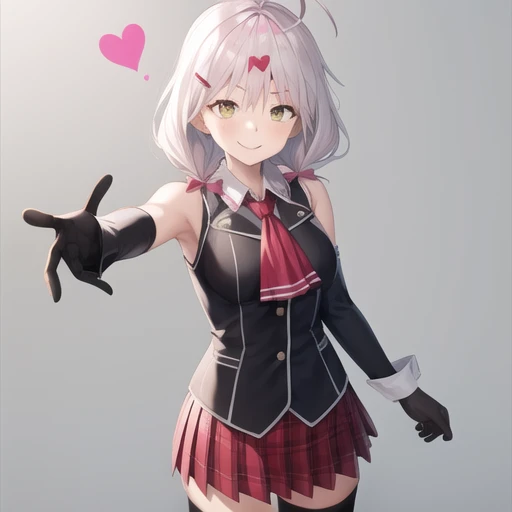 (masterpiece, best quality:1.2),illustration,8k,hd,1girl,solo,cowboy shot,medium breasts,short hair,symbol-shaped pupils,bow,hair bow,hair ornament,skirt,white hair,smile,black thighhighs,plaid skirt,sleeveless shirt,white shirt,ahoge,bare shoulders,hairclip,ascot,detached sleeves,low ponytail,loafers,black gloves,yellow eyes,elbow gloves,plaid,pleated skirt,hair ornament,heart hair ornament,seifuku,twintails,zettai ryouiki,<lora:Yui Kurata>,