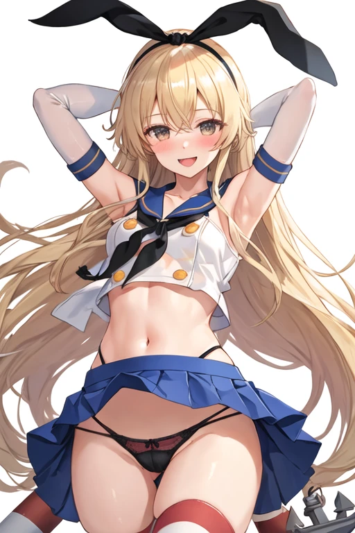 best quality, masterpiece, highres, solo, {shimakaze_kantaicollection:1.15}, long_hair, blonde_hair, hairband, blush, 1girl, anchor, black_panties, elbow_gloves, gloves, hair_ornament, open_mouth, panties, skirt, underwear, white_gloves, looking_at_viewer, navel, anchor_hair_ornament, smile