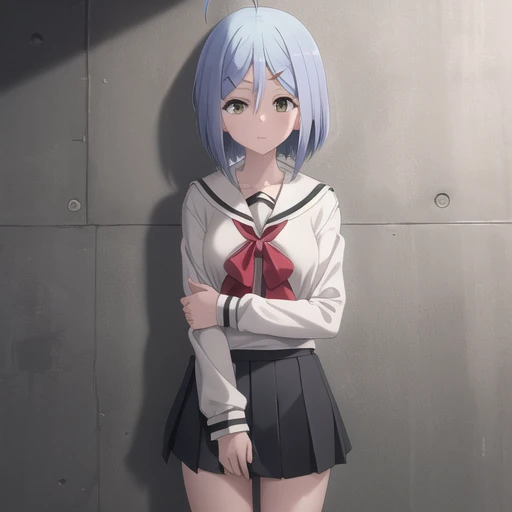 Anime girl in a short skirt and a white shirt standing in front of a ...