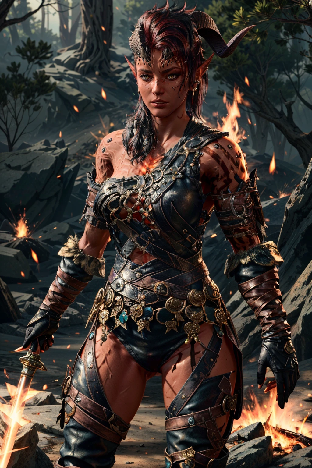 A naked tanned red-haired woman warrior with Karge breasts, dark brown nipples, her skin is dripping with sweat and is dirty, filthy, and with large bloodstains, She has a deep bite wound on her left shoulder, dressed only in an animal skin loincloth, and an energy sword attacked by a tyrannosaurus. very dramatic, cinematic shot, shot from a movie, cinema composition shot, very detailed, high resolution, professional color, wonderful light, daylight, 300k resolution, highly realistic, lots of details.