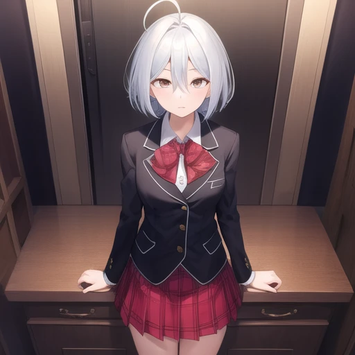 (masterpiece, best quality:1.2),illustration,8k,hd,1girl,solo,cowboy shot,school uniform,ahoge,skirt,looking at viewer,short hair,silver hair,bow,jewelry,jacket,red skirt,ring,pleated skirt,shirt,white shirt,brown eyes,bowtie,black socks,expressionless,red bow,socks,blazer,hair between eyes,<lora:Kannazuki Arin>,