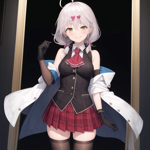 (NSFW), masterpiece, best quality, highres 64k, professional artwork, famous artwork, clean, cinematic lighting, beautiful eyes + detail, beautiful hair + detail, multicolored hair,  (sexy young female body:1.4), ( large breasts, lactation), happy:1.2m smile, sexy looking at the viewer, floating hair, (shinjou_akane, red eyes, white hair, short hair, ), indoors, doorway, open door, (welcome home)  <lora:shinjou_akane_v2:0.8>