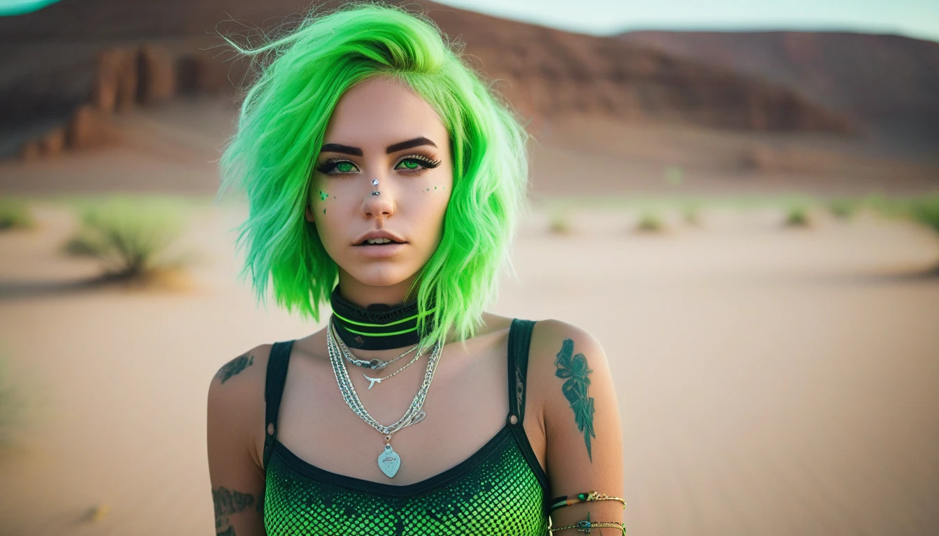 RAW photo, photograph of a American 25 years old woman, neon green hair, (detailed facial features), gorgeous face, techno style, standing in a desert, pale skin, wearing eyeliner, grainy, (high detailed skin:1.2), scene hair, (rave girl), wearing bracelets, wearing choker necklace, instagram, colorized, ((detailed face, detailed body)), ((full body))
<lora:Best_of_Burning_Man:1>