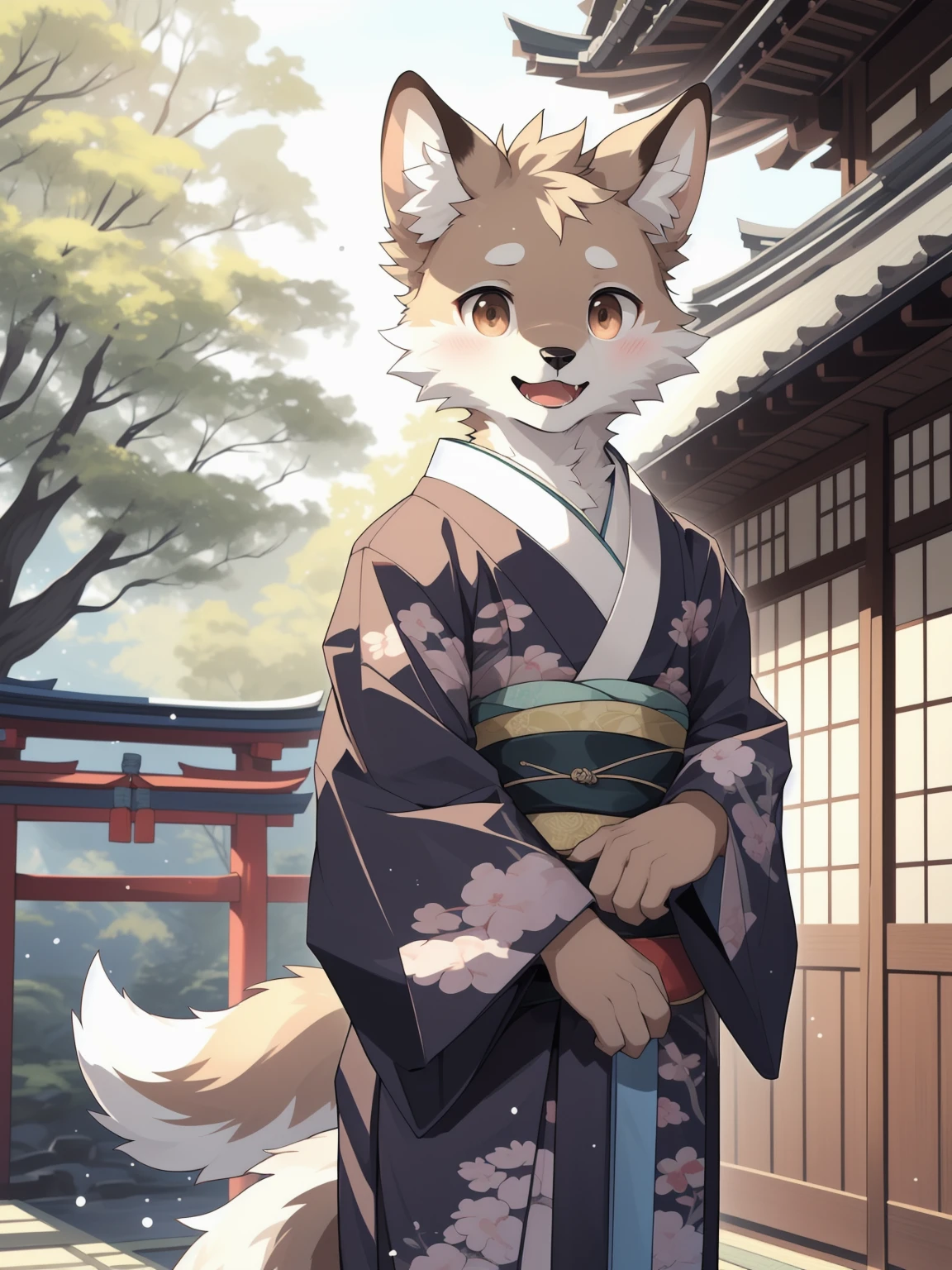 depth of field, perfect lighting, light particles,(best quality),(masterpiece),(ultra detailed),sharp focus,light particles, niji, eyesgod, blush, brown_eyes, looking_at_viewer, smile, solo, furry, animal_ear_fluff, open_clothes, arms behind back, upper body, tail, kimono, japanese clothes, sunlight, tree, open mouth, from below, arms behind back