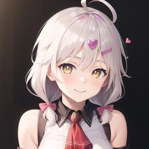 (masterpiece, best quality:1.2),illustration,8k,hd,1girl,solo,upper body,(portrait:1.2),medium breasts,short hair,shirt,symbol-shaped pupils,bow,hair bow,hair ornament,skirt,white hair,smile,black thighhighs,plaid skirt,sleeveless shirt,white shirt,ahoge,school uniform,bare shoulders,hairclip,ascot,detached sleeves,low ponytail,loafers,black gloves,yellow eyes,elbow gloves,plaid,pleated skirt,hair ornament,heart hair ornament,twintails,zettai ryouiki,<lora:Yui Kurata>,