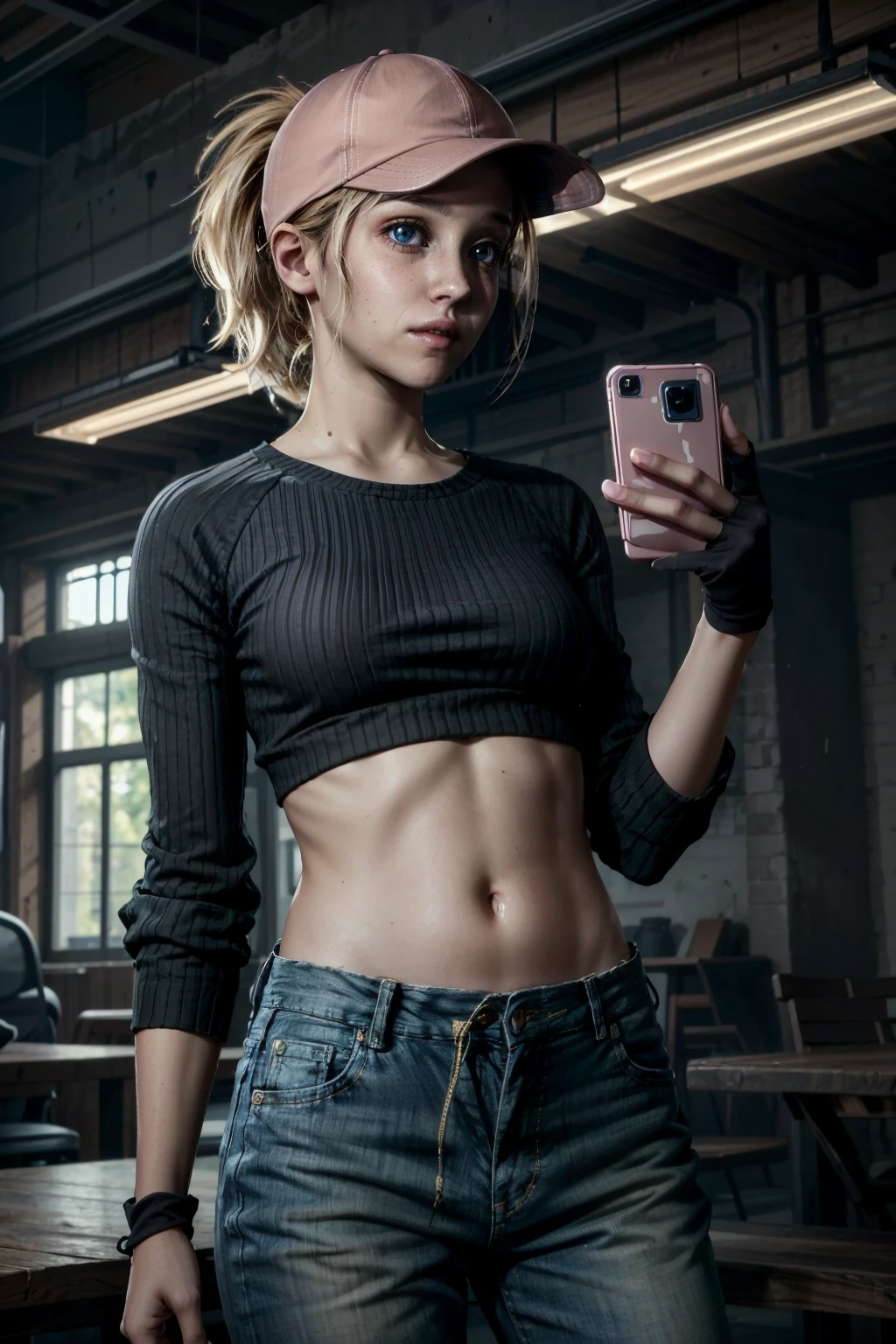 (masterpiece, best quality)
LauraTheQuarry, 1girl, solo, blue eyes, blonde hair, shirt, gloves, long sleeves, hat, navel, holding, closed mouth, standing, ponytail, midriff, pants, crop top, black shirt, headphones, phone, cellphone, baseball cap, smartphone, holding phone, realistic, dark
<lora:epi_noiseoffset2:1> <lora:add_detail:0.7> <lora:LauraTheQuarry:0.8>