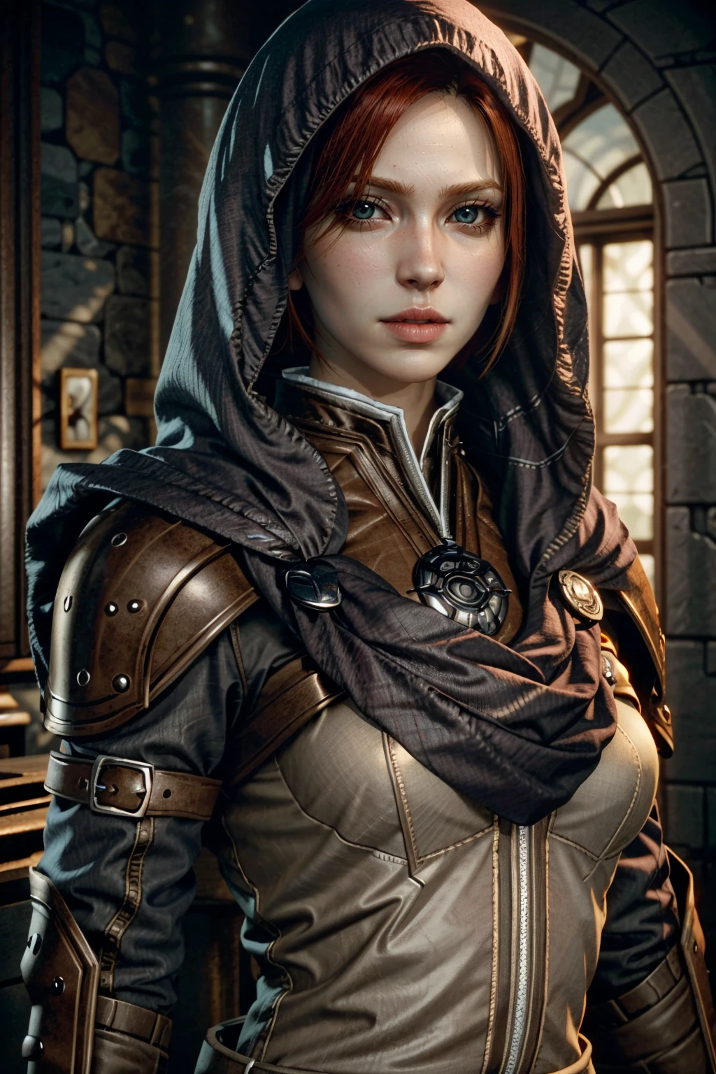 (masterpiece, best quality)
LelianaDA,  1girl, solo, looking at viewer, red hair, green eyes, upper body, red hair, hood, cape, armor, lips, cloak, breastplate, realistic, vambraces, hooded cloak, chainmail
<lora:epi_noiseoffset2:1>  <lora:add_detail:0.7>  <lora:LelianaDA:0.9>