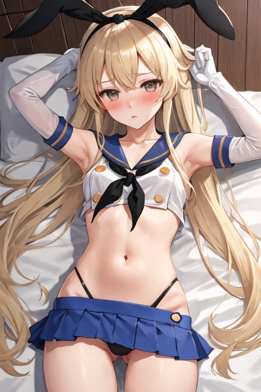 best quality, masterpiece, highres, solo, {shimakaze_kantaicollection:1.15}, long_hair, blonde_hair, hairband, blush