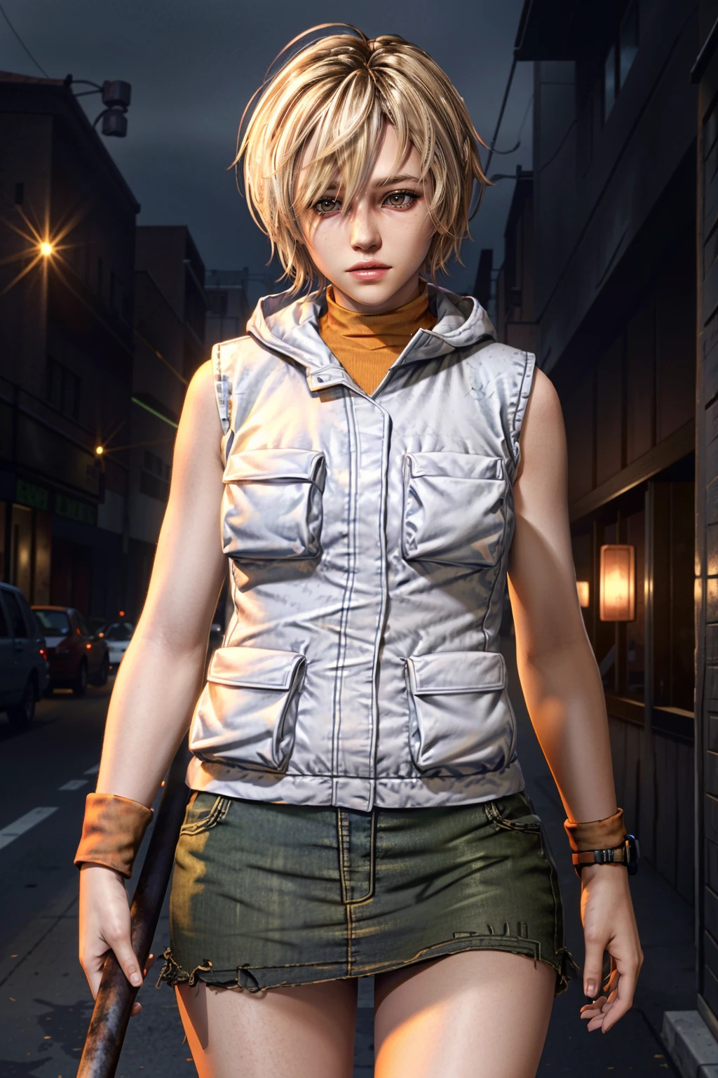 (masterpiece, best quality)
HeatherMason, 1girl, solo, short hair, skirt, holding, brown eyes, jewelry, jacket, weapon, sleeveless, miniskirt, vest, bracelet, lips, turtleneck, wristband, pencil skirt, realistic, sleeveless turtleneck, orange shirt, denim skirt
<lora:epi_noiseoffset2:1>, <lora:add_detail:0.7>, <lora:HeatherMason:0.9>
