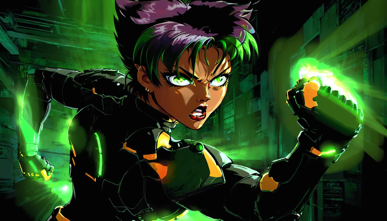 (side view:1.2) of konoko anime woman punching, green eyes, glowing outline, (whole body:1.3), uppercut, art by craig mullins <lora:konoko:0.9>