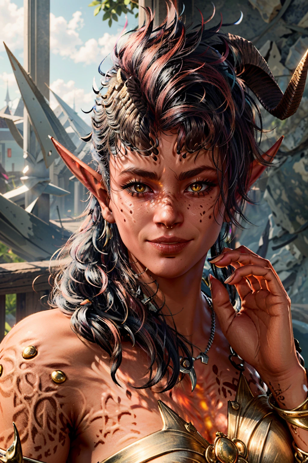 (masterpiece, best quality)
KarlachBG, 1girl, solo, long hair, breasts, looking at viewer, smile, brown hair, black hair, jewelry, closed mouth, yellow eyes, upper body, red hair, multicolored hair, horns, pointy ears, hand up, necklace, fingernails, demon girl, slit pupils, portrait, freckles, red skin
<lora:epi_noiseoffset2:1>,  <lora:add_detail:0.7>,   <lora:KarlachBG:0.9>