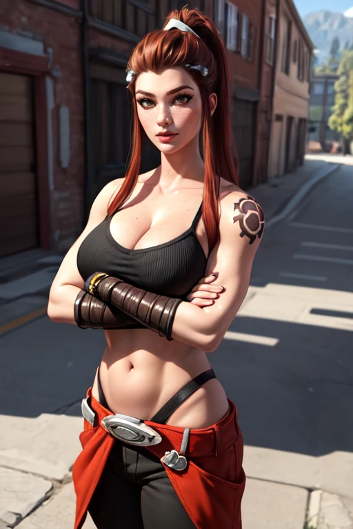 (masterpiece:1.2), (best quality), (ultra detailed), (8k, 4k, intricate),(full-body-shot:1.2),(cowboy:1.2),(highly detailed:1.2),(detailed face:1.2), (detailed background),(portrait),detailed landscape,(dynamic pose:1.2),<lora:more_details:0.5>,<lora:brig:0.7>brigitte,1girl, solo, long hair, breasts, looking at viewer, brown hair, gloves, cleavage, upper body, ponytail, fingerless gloves, lips, tattoo, crossed arms, freckles, shoulder tattoo, hair pulled back