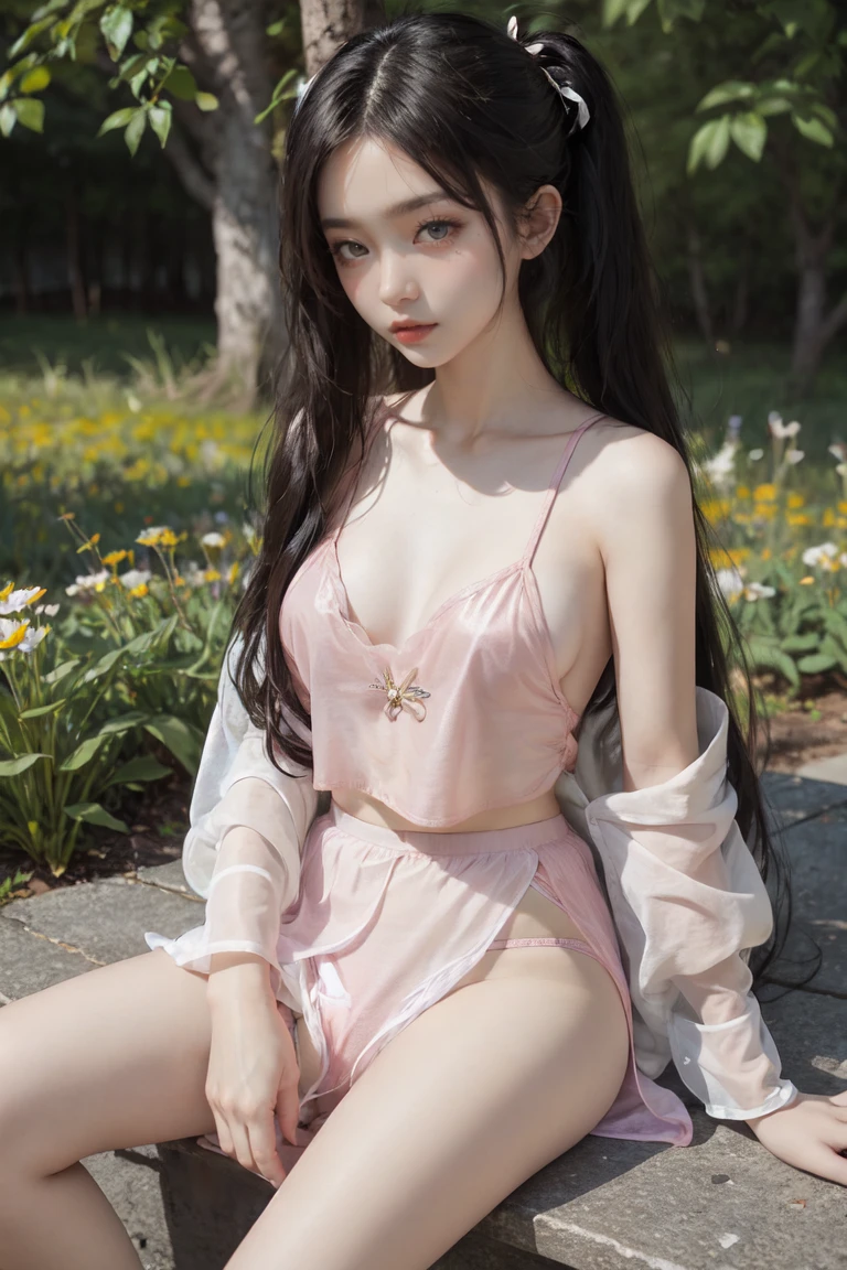 1girl,underwear,see-through,sitting,skirt,pink panties,long hair,covered nipples,meadow,<lora:96ç§:0.6>,