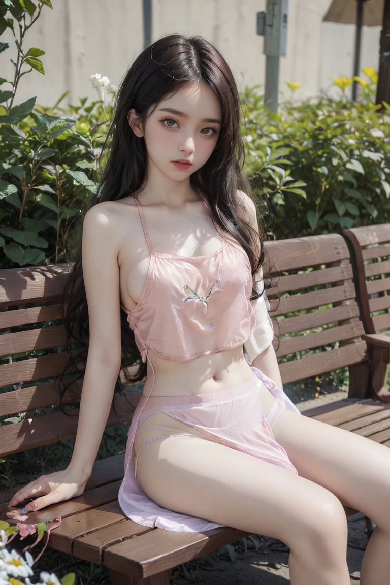 1girl,see-through,sitting,skirt,pink skirt,pink panties,covered nipples,meadow,looking at viewer,<lora:96ç§:0.8>,long hair,navel,