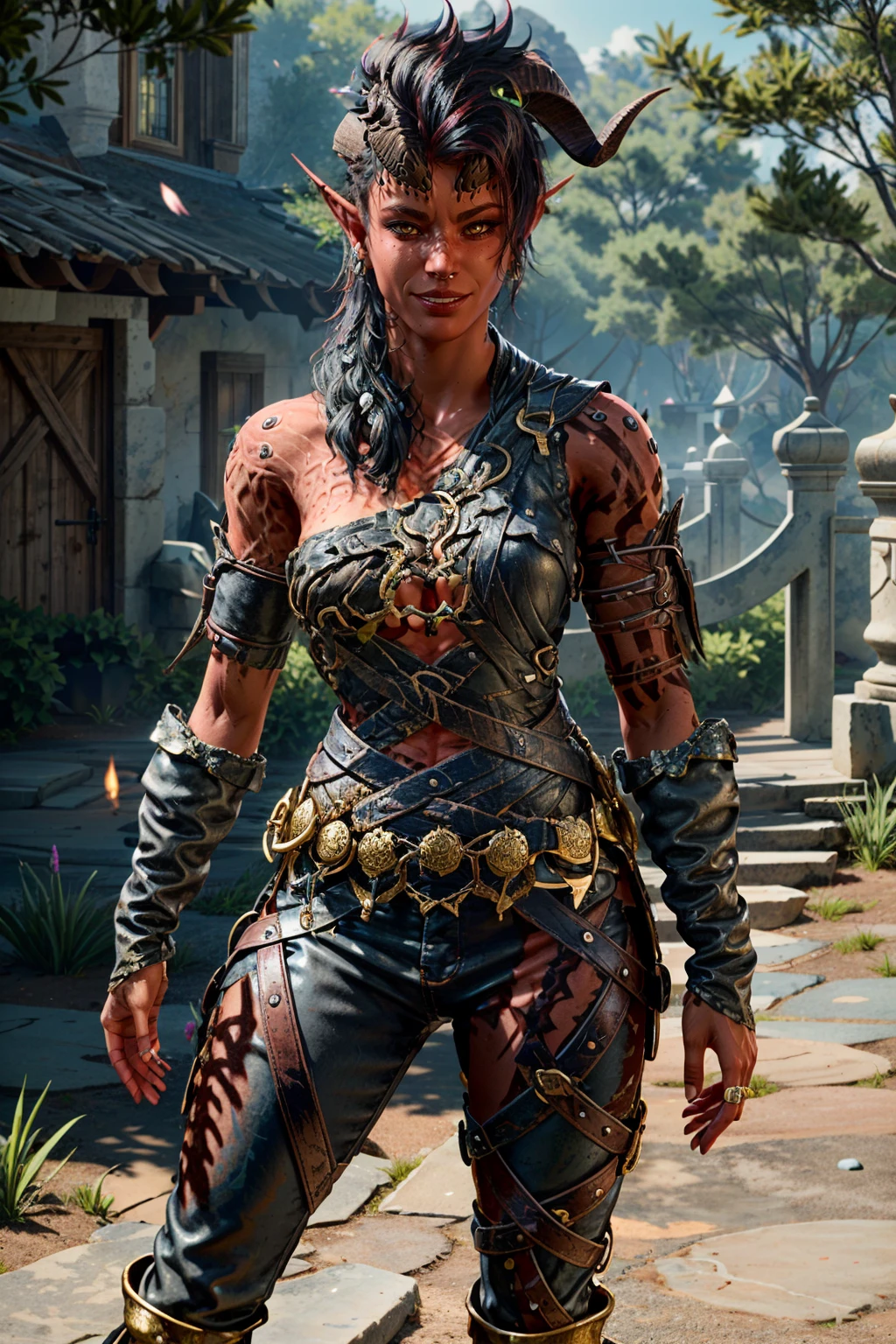 (masterpiece, best quality)
KarlachBG, 1girl, solo, looking at viewer, smile, black hair, bare shoulders, jewelry, standing, yellow eyes, red hair, earrings, outdoors, parted lips, horns, pointy ears, belt, pants, armor, tree, tattoo, colored skin, piercing, plant, demon horns, nature, realistic, leather, red skin
<lora:epi_noiseoffset2:1>, <lora:add_detail:0.7>, <lora:KarlachBG:0.9>