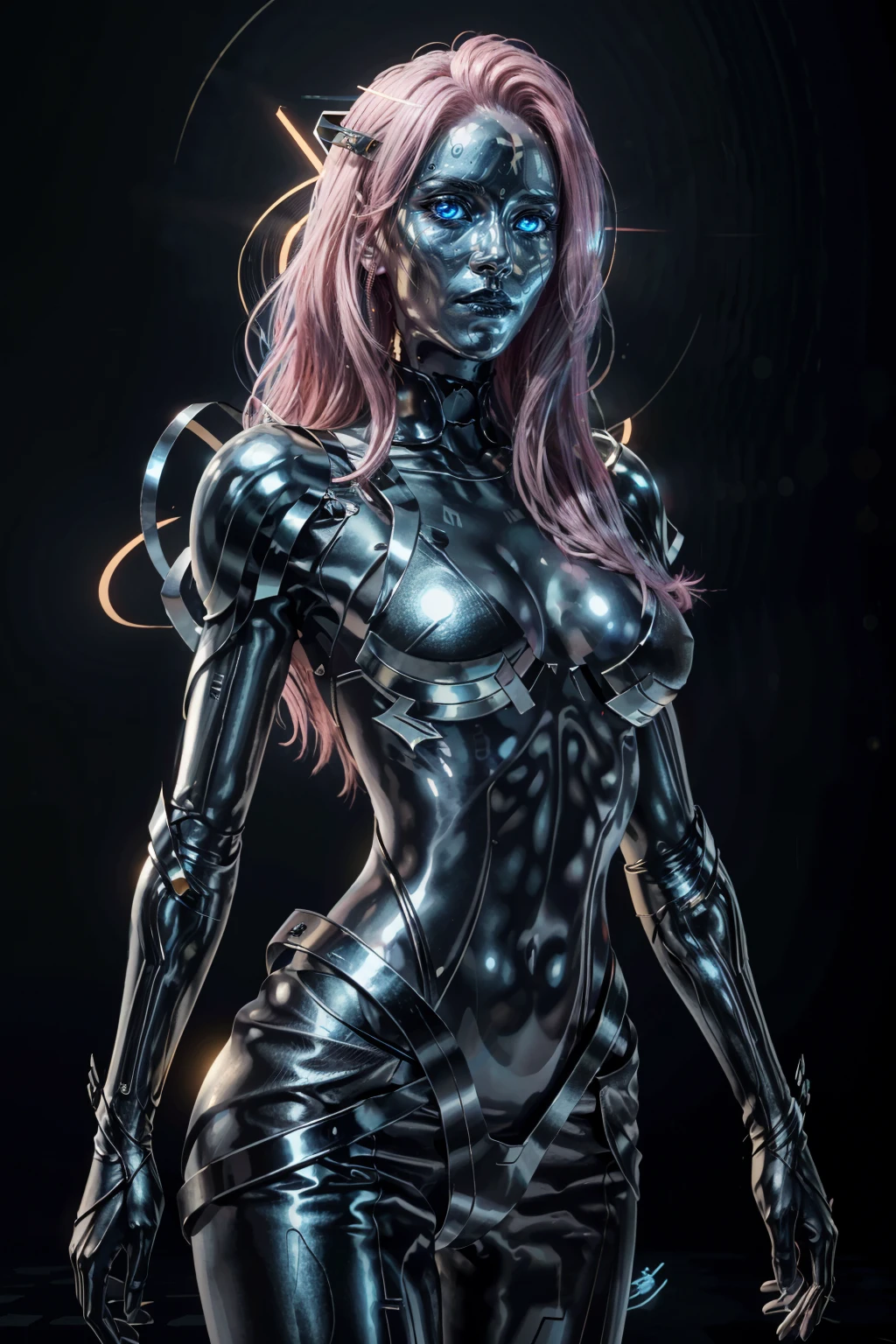(masterpiece, best quality)
LizzyCyber, 1girl, solo, long hair, pink hair, breasts, looking at viewer, blue eyes, medium breasts, upper body, armor, lips, bodysuit, glowing, colored skin, halo, facial mark, glowing eyes, science fiction, nose, blue skin, android, neon trim
<lora:epi_noiseoffset2:1>, <lora:add_detail:0.7>, <lora:LizzyCyber:0.8>