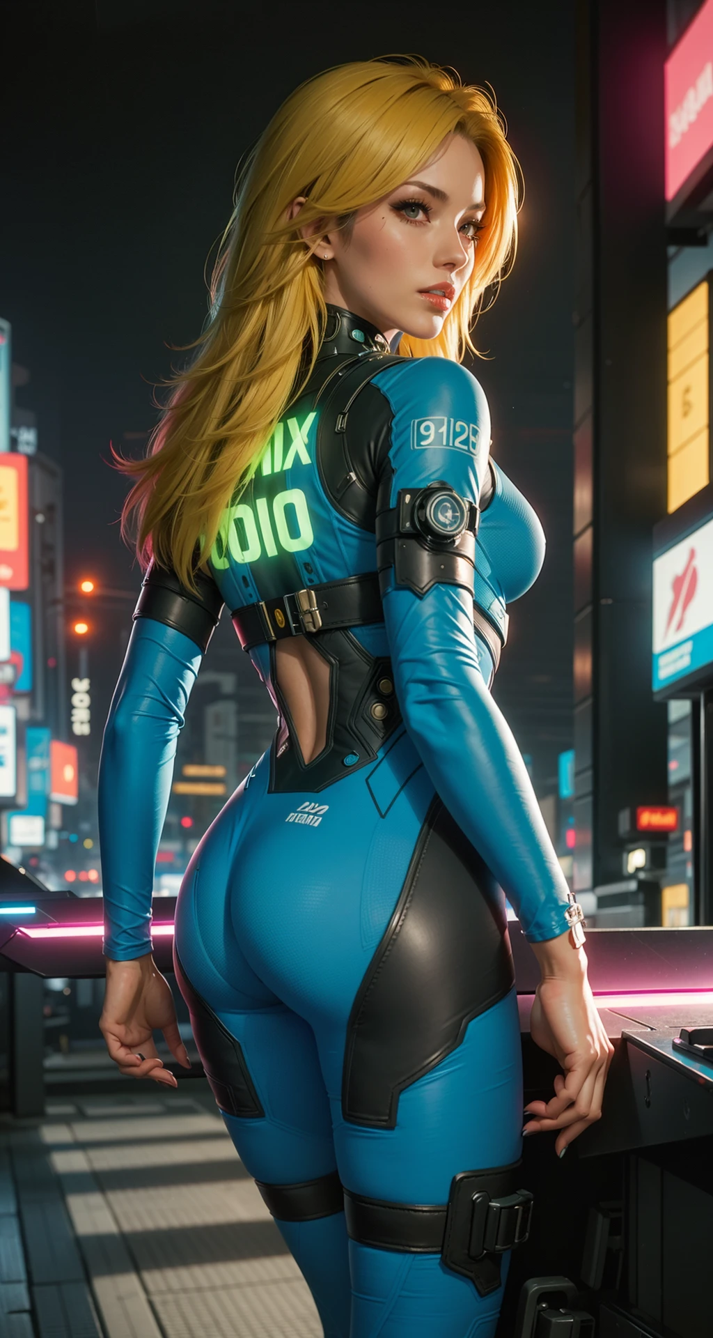 1girl, solo,blue bodysuit,blonde hair,background, neon color, science fiction, cyberpunk,ass  <lora:Bodysuit v13:0.8>