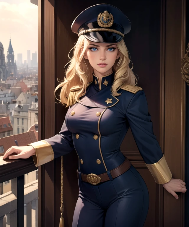 cinematic film still 1girl, solo, adult beautiful woman Person_VeraEllen, (((admiral costume))), determined, stoic, admiral hat, gold epaulets, white military jacket, white shirt, ascot, pencil skirt, white gloves, leather belt, (medals:1.2),(insignia), shiny black boots, . shallow depth of field, vignette, highly detailed, high budget, bokeh, cinemascope, moody, epic, gorgeous, film grain, grainy
