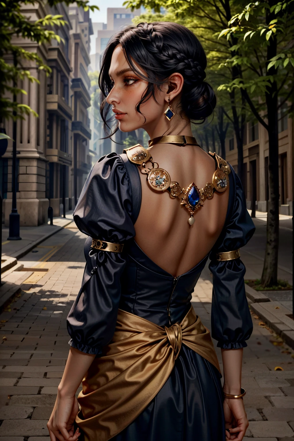 (masterpiece, best quality)
JosephineDA, 1girl, solo, short hair, black hair, long sleeves, dress, brown eyes, jewelry, braid, flower, earrings, parted lips, looking back, hand up, dark skin, necklace, hair bun, from behind, black dress, dark-skinned female, lips, fingernails, makeup, single hair bun, ring, gem, realistic, multiple rings
<lora:epi_noiseoffset2:1>  <lora:add_detail:0.7>  <lora:JosephineDA:0.9>