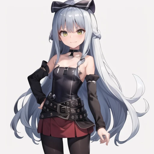(masterpiece, best quality:1.2),illustration,8k,hd,1girl,solo,cowboy shot,child,petite,very long hair,pantyhose,vest,detached sleeves,skirt,yellow eyes,black vest,bow,hair bow,black pantyhose,grey hair,yellow eyes,collarbone,strapless,choker,striped vest,bare shoulders,belt,loafers,pleated skirt,red skirt,<lora:Sora (trinity_seven)>,