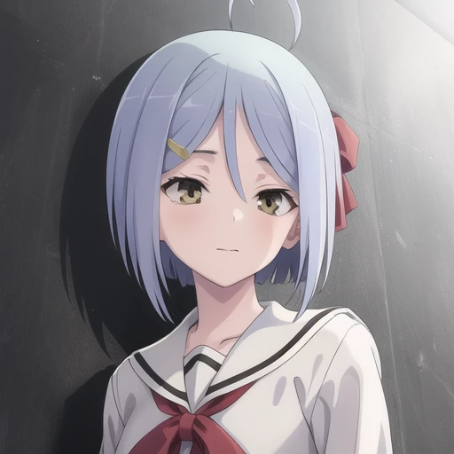 (masterpiece, best quality:1.2),illustration,8k,hd,1girl,solo,upper body,(portrait:1.2),school uniform,short hair,skirt,blue hair,pleated skirt,ahoge,hair ornament,loafers,white sailor collar,hairclip,serafuku,black skirt,white shirt,black socks,red bow,red bowtie,yellow eyes,long sleeves,bow,<lora:Hijiri Kasuga>,